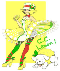 Rule 34 | 1girl, bare shoulders, blonde hair, c.c. lemon, c.c. lemon (character), contrapposto, dog, dress, food, fruit, grey eyes, hand on own hip, hat, high heels, lemon, lipstick, looking at viewer, makeup, nail polish, noja, pantyhose, short hair, simple background, solo, standing, tongue, yellow background, yellow dress, yellow lips
