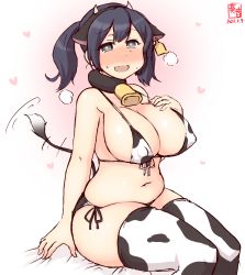 1girl, alternate costume, animal ears, animal print, artist logo, bell, bikini, black hair, blush, breasts, commentary request, covered nipples, cow ears, cow horns, cow print, cow tail, cowbell, cowboy shot, dated, ear tag, fake animal ears, fake horns, fang, front-tie top, gradient, gradient background, grey eyes, heart, heart-shaped pupils, highres, horns, kanon (kurogane knights), kantai collection, large breasts, looking at viewer, navel, nose blush, one-hour drawing challenge, side-tie bikini, sitting, skin fang, solo, souryuu (kancolle), swimsuit, symbol-shaped pupils, tail, tail wagging, thighhighs, wavy mouth, white background, white bikini, white legwear