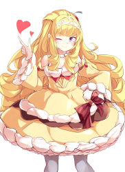 Rule 34 | 1girl, ;), absurdres, blonde hair, blush, dress, duel monster, feet out of frame, gloves, heart, highres, kanzakietc, long hair, madolche puddingcess, one eye closed, purple eyes, smile, solo, tiara, yellow dress, yu-gi-oh!