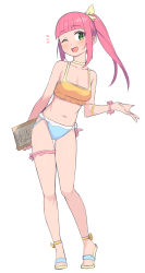 Rule 34 | + +, 1girl, ;d, bare shoulders, blunt bangs, breasts, fang, flip-flops, full body, green eyes, highres, long hair, looking at viewer, medium breasts, midriff, navel, one eye closed, open mouth, original, pink hair, saiste, sandals, simple background, sketch, skin fang, smile, solo, thigh gap, white background