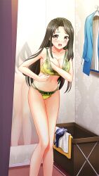 Rule 34 | 1girl, bare arms, bare legs, black hair, blush, bra, breasts, brown eyes, changing clothes, changing room, cleavage, collarbone, doukyuusei, doukyuusei another world, embarrassed, gluteal fold, indoors, large breasts, long hair, looking at viewer, masaki natsuko, mirror, multi-strapped panties, navel, open mouth, panties, solo, standing, straight hair, thigh gap, underwear, underwear only, very long hair, yellow bra, yellow panties