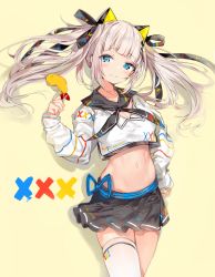 Rule 34 | 1girl, asymmetrical legwear, black neckwear, black ribbon, black sailor collar, black skirt, blue eyes, blush, breasts, brown background, cleavage, closed mouth, collarbone, commentary request, crop top, food, hair ribbon, hand up, head tilt, highres, holding, kaguya luna, long hair, long sleeves, looking at viewer, medium breasts, midriff, navel, pleated skirt, ribbon, sailor collar, shirt, shrimp, shrimp tempura, sidelocks, silver (chenwen), silver hair, simple background, single thighhigh, skindentation, skirt, sleeves past wrists, solo, tempura, the moon studio, thighhighs, twintails, uneven legwear, virtual youtuber, white shirt, white thighhighs, x