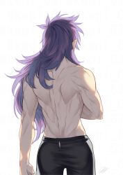 Rule 34 | 1boy, back, back focus, black pants, cowboy shot, fengxi (the legend of luoxiaohei), from behind, long hair, male focus, muscular, muscular male, pants, pointy ears, purple hair, rkp, signature, simple background, solo, luo xiaohei zhanji, topless male, white background