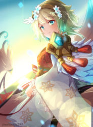 Rule 34 | 1girl, artist name, backlighting, bad id, bad pixiv id, blonde hair, blue eyes, blue hair, clear glass (mildmild1311), commentary request, detached sleeves, feather trim, feathers, fire emblem, fire emblem heroes, fjorm (fire emblem), floral print, gradient hair, hair ornament, highres, japanese clothes, jewelry, kimono, looking at viewer, multicolored hair, nintendo, short hair, simple background, smile, solo, tiara, two-tone hair, wide sleeves
