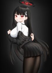 Rule 34 | 1girl, :o, absurdres, black hair, black jacket, black pantyhose, black skirt, blue archive, blush, breasts, cobe, halo, highres, jacket, jacket partially removed, large breasts, leaning forward, long hair, looking at viewer, looking back, pantyhose, pleated skirt, red eyes, ribbed sweater, rio (blue archive), simple background, skirt, solo, straight hair, sweater, very long hair, white sweater