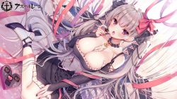 Rule 34 | 1girl, ayuma sayu, azur lane, between breasts, black dress, black ribbon, blunt bangs, breasts, candy, chocolate, chocolate heart, cleavage, copyright name, dress, food, formidable (azur lane), grey hair, hair ribbon, heart, highres, holding, holding chocolate, holding food, large breasts, long hair, looking at viewer, open mouth, purple eyes, red ribbon, ribbon, sitting, solo, twintails, two-tone dress, two-tone ribbon, very long hair, white dress, white ribbon