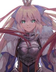 Rule 34 | 1girl, ahoge, armor, armored dress, artoria caster (fate), artoria caster (third ascension) (fate), artoria pendragon (fate), black ribbon, blonde hair, blue bow, blue ribbon, bow, breasts, cape, capelet, closed mouth, crown, dress, fate/grand order, fate (series), fur trim, gold trim, green eyes, hair between eyes, hair bow, hair ribbon, highres, kokonoair, long hair, looking at viewer, multicolored clothes, multicolored dress, multicolored ribbon, ornament, red ribbon, diamond (shape), ribbon, small breasts, smile, white background, white capelet, white fur