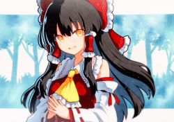 Rule 34 | 1girl, ascot, bow, detached sleeves, frilled bow, frills, hair bow, hair tubes, hakurei reimu, highres, long hair, nontraditional miko, own hands together, qqqrinkappp, red bow, ribbon-trimmed sleeves, ribbon trim, solo, touhou, tree, wide sleeves