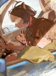 Rule 34 | 2girls, animal ear fluff, animal ears, blush, bob cut, brown eyes, brown hair, bubble, car, car seat, cat ears, closed mouth, dalmatian, day, dog, driving, dutch angle, floating hair, from side, frown, grey eyes, hair ribbon, hands up, head rest, head tilt, heterochromia, highres, horizon, kurehalxxx, long sleeves, looking ahead, motion blur, motor vehicle, multiple girls, ocean, one side up, original, parted lips, profile, puffy long sleeves, puffy sleeves, ribbon, right-hand drive, seatbelt, short hair, sitting, sky, sleeves past wrists, steering wheel, sunlight, tongue, tongue out, yellow eyes
