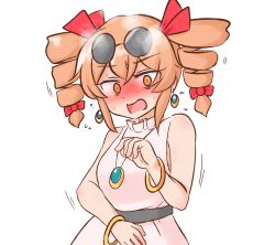 Rule 34 | 1girl, bangle, bare arms, bare shoulders, blush, bow, bracelet, dress, drill hair, earrings, embarrassed, eyewear on head, flying sweatdrops, hair bow, highres, jewelry, looking at viewer, mizusoba, necklace, no headwear, no headwear, no jacket, nose blush, open mouth, orange eyes, orange hair, pendant, pink dress, red bow, ring, sleeveless, sleeveless dress, solo, sunglasses, sweat, sweatdrop, touhou, trembling, twin drills, upper body, white background, white dress, yorigami jo&#039;on
