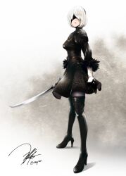 Rule 34 | 1girl, black blindfold, black dress, black footwear, blindfold, boots, cleavage cutout, clothing cutout, dress, facing viewer, feather-trimmed sleeves, full body, gloves, hairband, high heel boots, high heels, highres, holding, holding sword, holding weapon, juliet sleeves, leotard, long sleeves, mole, mole under mouth, nier:automata, nier (series), puffy sleeves, signature, solo, sword, thigh boots, thighhighs, thighhighs under boots, twitter username, two-sided dress, two-sided fabric, weapon, white hair, white leotard, 2b (nier:automata), yua (checkmate)