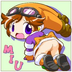 Rule 34 | 1girl, all fours, ass, blush, brown hair, chibi, cleft of venus, female focus, goggles, goggles on head, hat, looking back, lowres, miu (panzer bandit), namco, no panties, open mouth, panzer bandit, purple eyes, pussy, shinogo~, solo, surprised, tagme, uncensored