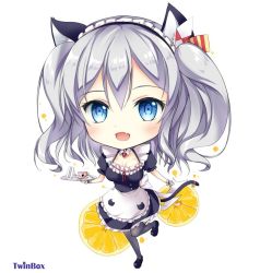 Rule 34 | 10s, 1girl, animal ears, apron, black dress, black pantyhose, blue eyes, blush, cat ears, cat tail, chibi, commentary request, cup, dress, fang, food, frills, kantai collection, kashima (kancolle), kemonomimi mode, long hair, looking at viewer, maid, maid apron, maid headdress, open mouth, pantyhose, puffy short sleeves, puffy sleeves, sandwich, short sleeves, silver hair, smile, solo, sousouman, tail, teacup, tray, tsurime, twintails, wavy hair, wrist cuffs