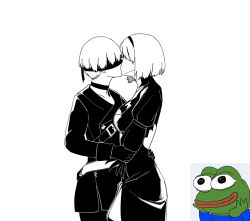 Rule 34 | 1boy, 1girl, belt, blindfold, bob cut, breasts, choker, covered eyes, dress, french kiss, from side, gloves, greyscale, hairband, hetero, huqu, jacket, juliet sleeves, kiss, large breasts, long sleeves, mole, mole under mouth, monochrome, nier (series), nier:automata, pepe the frog, puffy sleeves, short hair, simple background, smile, standing, white background, 2b (nier:automata), 9s (nier:automata)