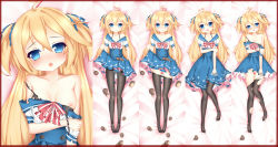 Rule 34 | 1girl, ahoge, black pantyhose, blonde hair, blue eyes, blue skirt, blush, border, bow, breasts, censored, clothes pull, dakimakura (medium), highres, long hair, looking at viewer, lying, multiple views, nipple slip, nipples, no panties, o&#039;bannon (warship girls r), on back, open mouth, panties, panties under pantyhose, pantyhose, pantyhose pull, potato, shenhai, skirt, small breasts, smile, star (symbol), star censor, torn clothes, torn legwear, two-sided fabric, two-sided skirt, two side up, underwear, warship girls r