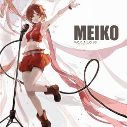 Rule 34 | 1girl, arm up, armpits, boots, brown eyes, brown footwear, brown hair, cable, character name, commentary, copyright name, crop top, falling petals, highres, holding, holding microphone, leg up, looking at viewer, meiko (vocaloid), microphone, microphone stand, midriff, miniskirt, navel, neonneon321, open mouth, outstretched arm, petals, red skirt, red vest, skirt, smile, solo, standing, standing on one leg, stomach, streamers, vest, vocaloid, wrist straps