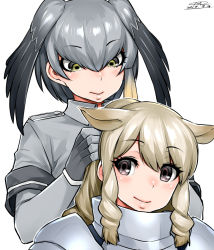Rule 34 | 10s, 2017, 2girls, animal ears, armor, black hair, blonde hair, brown eyes, collared shirt, dated, drill hair, extra ears, gloves, gradient hair, green eyes, grey gloves, grey hair, grey shirt, hand in own hair, happa (cloverppd), head wings, kemono friends, multicolored hair, multiple girls, ponytail, rhinoceros ears, shirt, shoebill (kemono friends), short sleeves, signature, smile, twin drills, white background, white rhinoceros (kemono friends), wings