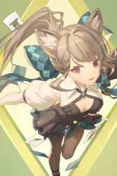 Rule 34 | 1girl, animal ear fluff, animal ears, aqua bow, black dress, blunt bangs, bow, breasts, brown hair, brown pantyhose, cat ears, cat girl, cleavage, dress, eyebrows hidden by hair, floating hair, genshin impact, hair bow, highres, layered dress, long hair, looking at viewer, lynette (genshin impact), nooo, open mouth, pantyhose, red eyes, running, short dress, shrug (clothing), small breasts, solo, very long hair