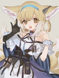 Rule 34 | 1girl, animal ear fluff, animal ears, arknights, awa iro, black gloves, blonde hair, blue hairband, commentary, double fox shadow puppet, dress, earpiece, fox ears, fox girl, fox shadow puppet, fox tail, gloves, grey background, hair rings, hairband, infection monitor (arknights), kitsune, leaning back, looking at viewer, multicolored hair, multiple tails, off-shoulder dress, off shoulder, open mouth, short sleeves, simple background, single glove, single wrist cuff, smile, solo, suzuran (arknights), tail, two-tone hair, upper body, white dress, white hair, white wrist cuffs, wrist cuffs, yellow eyes
