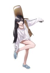 Rule 34 | 1girl, arm up, bare legs, black eyes, black hair, blue footwear, brown bag, collarbone, commentary request, full body, highres, himmel (allsky83), holding, holding phone, long hair, long sleeves, looking at viewer, open mouth, original, oversized clothes, phone, shoes, simple background, sleeves past wrists, smile, solo, standing, standing on one leg, tachi-e, white background