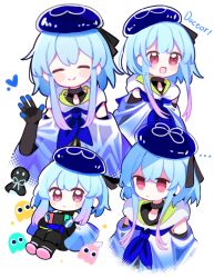 Rule 34 | ..., 1boy, absurdres, akaruku, arknights, beret, black gloves, black pants, blue gloves, blue hair, blue headwear, blue hoodie, blue neckerchief, blush stickers, bright pupils, chibi, closed eyes, closed mouth, clothing cutout, clyde (pac-man), commentary, cropped torso, empty eyes, english commentary, english text, full body, gloves, gradient hair, handheld game console, happy, hat, heart, highres, holding, holding handheld game console, hood, hoodie, inky (pac-man), light blue hair, looking at viewer, male focus, mizuki (arknights), multicolored hair, multiple views, neckerchief, nintendo switch, open mouth, pac-man (game), pants, pink eyes, pinky (pac-man), purple hair, short hair, short hair with long locks, shoulder cutout, simple background, smile, waving, white background, white pupils