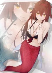 Rule 34 | absurdres, bikini, bikini top only, breasts, brown hair, collarbone, hair flaps, hairband, highres, index finger raised, kantai collection, large breasts, long hair, mermaid, monster girl, navel, shiratsuyu (kancolle), smile, swimsuit, terebi-, whistle, whistle around neck, yellow eyes, zoom layer