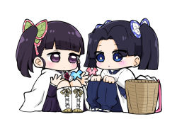 Rule 34 | 2girls, :o, animal, apron, basket, black hair, blue eyes, blue jacket, blue pants, blunt bangs, blush, boots, bug, butterfly, butterfly hair ornament, cape, chibi, commentary, cross-laced footwear, hair ornament, hands on own knees, highres, insect, jacket, kanzaki aoi (kimetsu no yaiba), kappougi, kimetsu no yaiba, knee boots, knees up, lace-up boots, long sleeves, multiple girls, nozo (hitomiz), pants, parted bangs, parted lips, pleated skirt, puffy pants, purple eyes, purple jacket, purple skirt, side ponytail, sitting, skirt, symbol-only commentary, tsuyuri kanao, twintails, white background, white cape, white footwear