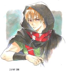 Rule 34 | 1boy, belt, blonde hair, cape, chain, clive (suikoden), closed mouth, dated, gensou suikoden, gensou suikoden ii, hood, looking at viewer, male focus, natsuo (hatohaco), red eyes, short sleeves, solo, upper body