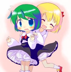 Rule 34 | 2girls, 3000mhyouhyouriver, antennae, bad id, bad pixiv id, blonde hair, bloomers, blue eyes, cosplay, closed eyes, fang, female focus, green hair, hands on shoulders, multiple girls, rumia, rumia (cosplay), sokusoba, touhou, underwear, wriggle nightbug