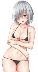 Rule 34 | 1girl, bikini, black bikini, blue eyes, blush, breasts, cleavage, crossed arms, hair ornament, hair over one eye, hairclip, hamakaze (kancolle), kantai collection, large breasts, looking at viewer, micro bikini, mizushina minato, navel, open mouth, short hair, silver hair, simple background, skindentation, solo, swimsuit, upper body, white background