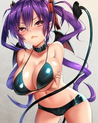 Rule 34 | 1girl, bikini, bikini top only, black footwear, blush, breasts, cleavage, collar, covered erect nipples, crossed arms, demon girl, from behind, gluteal fold, highres, horns, keita (tundereyuina), large breasts, long hair, looking at viewer, micro shorts, navel, original, pointy ears, purple eyes, purple hair, shorts, solo, sweat, tail, twintails, very long hair, wings