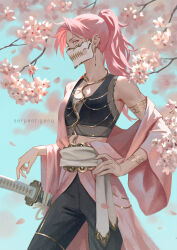 Rule 34 | 1girl, artist name, black pants, branch, cherry blossoms, commentary, earrings, english commentary, hand on own hip, jewelry, katana, long hair, looking at viewer, mask, mouth mask, off shoulder, original, pants, petals, pink hair, ponytail, profile, serpentigena, sheath, sheathed, sideways glance, single bare shoulder, solo, sword, weapon, wide sleeves