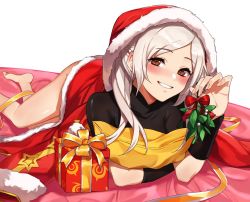 Rule 34 | 1girl, alternate costume, arm warmers, bare legs, barefoot, bed sheet, black bodysuit, blush, bodysuit, box, braid, brown eyes, crown braid, fire emblem, fire emblem awakening, gift, gift box, grin, hat, holding, holding mistletoe, kamu (kamuuei), looking at viewer, lying, medium hair, mistletoe, nintendo, on stomach, parted bangs, pillow, red hat, robe, robin (female) (fire emblem), robin (fire emblem), santa costume, santa hat, silver hair, simple background, smile, solo, taut clothes, twintails, white background