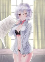 Rule 34 | 1girl, black bra, black panties, bra, collarbone, commentary, cowboy shot, curtains, dress shirt, hair between eyes, hand to own mouth, indoors, kishin sagume, long sleeves, looking at viewer, morning, navel, no pants, open clothes, open shirt, panties, parted lips, red eyes, shirt, short hair, silver hair, single wing, solo, touhou, underwear, white shirt, window, wings, y2