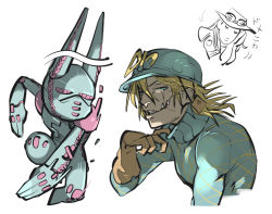 Rule 34 | 1other, 2boys, aqua eyes, blonde hair, blue headwear, blue shirt, brown gloves, chibi, closed eyes, cropped torso, diego brando, dirty deeds done dirt cheap, eyebrows hidden by hair, eyewear on head, glasgow smile, gloves, gyro zeppeli, half-closed eyes, hat, jojo no kimyou na bouken, looking at viewer, motion lines, multiple boys, own hands together, parted lips, shirt, short hair, simple background, stand (jojo), steel ball run, teeth, tirarizun, turtleneck, upper body, white background