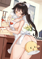 Rule 34 | 1girl, ;o, apron, ass, azur lane, bare arms, bare shoulders, black hair, window blinds, bow, breasts, brown eyes, cake, cleavage, convenient censoring, cowboy shot, food, hair bow, heart, highres, holding, indoors, large breasts, leaning forward, long hair, looking at viewer, looking back, manjuu (azur lane), naked apron, one eye closed, open mouth, ponytail, rero (bigdoorbig2), sideboob, solo, standing, sweat, takao (azur lane), twisted torso