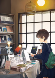 Rule 34 | 1girl, backpack, bag, book stack, book stand, bookstore, brown hair, indoors, kusakabe (kusakabeworks), lamp, making-of available, original, school uniform, shelf, shop, short hair, solo, table