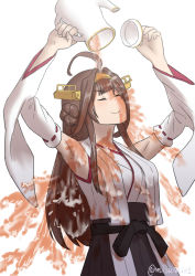 Rule 34 | 1girl, ahoge, armpits, arms up, brown hair, commentary request, detached sleeves, double bun, hairband, highres, holding, kantai collection, kongou (kancolle), long hair, misumi (niku-kyu), nontraditional miko, pleated skirt, simple background, skirt, smile, solo, tea, teapot, twitter username, white background