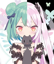 Rule 34 | 1girl, animal, black cat, black dress, black ribbon, blade (galaxist), blush, bow, bright pupils, bug, butterfly, butterfly wings, cat, double bun, dress, dual persona, earrings, green butterfly, green hair, hair bow, hair bun, holding, holding animal, holding cat, hololive, insect, insect wings, jewelry, long hair, looking at viewer, medium hair, official alternate costume, pink hair, purple bow, red eyes, ribbon, skull earrings, solo, split theme, symbol in eye, twintails, upper body, uruha rushia, uruha rushia (3rd costume), virtual youtuber, white pupils, wings