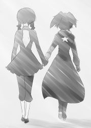 Rule 34 | 10s, 2girls, absurdres, bad id, bad pixiv id, black rock shooter, black rock shooter (character), bunako wa, coat, dead master, from behind, greyscale, holding hands, highres, kuroi mato, monochrome, multiple girls, short twintails, star (symbol), takanashi yomi, twintails, walking