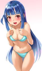 Rule 34 | 1girl, bare shoulders, bikini, blue bikini, blush, breasts, cleavage, collarbone, furrowed brow, gradient background, hands up, highres, kotonoha aoi, kurione (zassou), long hair, looking at viewer, navel, one side up, skindentation, small breasts, solo, straight hair, swimsuit, tears, thigh gap, thighs, very long hair, voiceroid