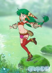 Rule 34 | 1girl, asami juusuke, breasts, feena (grandia), grandia, grandia i, green eyes, green hair, hair ornament, hair tubes, jewelry, long hair, low-tied long hair, midriff, navel, necklace, open mouth, skirt, solo, thighhighs