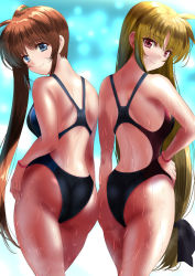 Rule 34 | 2girls, ass, ass-to-ass, black one-piece swimsuit, blonde hair, blue eyes, brown hair, competition swimsuit, fate testarossa, female focus, from behind, hand on own hip, highleg, highleg swimsuit, highres, long hair, looking at viewer, low-tied long hair, lyrical nanoha, mahou shoujo lyrical nanoha strikers, multiple girls, one-piece swimsuit, red eyes, sen (sansui), side ponytail, smile, swimsuit, symmetry, takamachi nanoha, wet, wet clothes, wet swimsuit, wristband