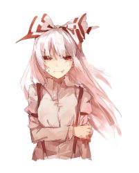 Rule 34 | 1girl, arm grab, bandaid, blood, blood on clothes, blood on hands, bow, fujiwara no mokou, hair bow, imoko (imonatsuki), long hair, long sleeves, looking at viewer, red eyes, shirt, silver hair, smirk, solo, suspenders, touhou, white background, wind