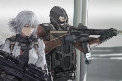 Rule 34 | 1girl, ai-assisted, assault rifle, black gloves, breasts, call of duty, call of duty: modern warfare 3, closed mouth, commentary, crossover, english commentary, gas mask, girls&#039; frontline, gloves, grey eyes, grey hair, gun, highres, holding, holding gun, holding weapon, johnny63129616, light machine gun, light smile, long sleeves, mask, rifle, rpk-16, rpk-16 (girls&#039; frontline), scope, short hair, tactical clothes, upper body, weapon