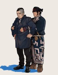 Rule 34 | 2boys, absurdres, ainu clothes, black eyes, black hair, blue coat, blue kimono, coat, commentary request, facial hair, full body, golden kamuy, headband, highres, hug, hug from behind, japanese clothes, kadokura (golden kamuy), kimono, kirawus (golden kamuy), long sideburns, long sleeves, male focus, mohawk, multiple boys, s10125, short hair, sideburns, standing, stubble