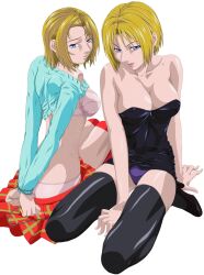 Rule 34 | 2girls, bdsm, before and after, bible black, bible black gaiden, blonde hair, blue eyes, bondage, bound, bra, breasts, casual clothes, highres, kitami reika, large breasts, lipstick, makeup, multiple girls, panties, rope, short hair, skirt, skirt down, smile, underwear, witch
