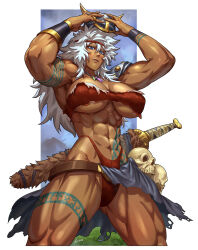 Rule 34 | 1girl, abs, armor, barbarian, belt, blue eyes, breasts, fake horns, headband, highres, horned headwear, horns, large breasts, long hair, looking at viewer, messy hair, muscular, muscular female, original, shoulder armor, skull, solo, sword, tattoo, thick thighs, thighs, thong, underboob, weapon, white hair, xevious art