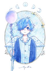 Rule 34 | 1boy, balloon, blue cardigan, blue eyes, blue hair, blue theme, breast pocket, cardigan, check copyright, copyright request, crescent moon, feathered wings, full moon, hair over one eye, half moon, highres, holding, holding balloon, moon, moon phases, original, pocket, shirt, short hair, solo, striped clothes, striped shirt, upper body, white wings, wings, yutsukidayo