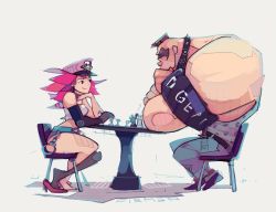 Rule 34 | abigail (final fight), belt, blue shorts, board game, chair, chess, chess piece, final fight, from side, happy, high heels, michaelfirman, muscular, muscular male, pink hair, playing games, poison (final fight), shirt, shorts, street fighter, t-shirt, table, thighhighs, thinking, tire, white background